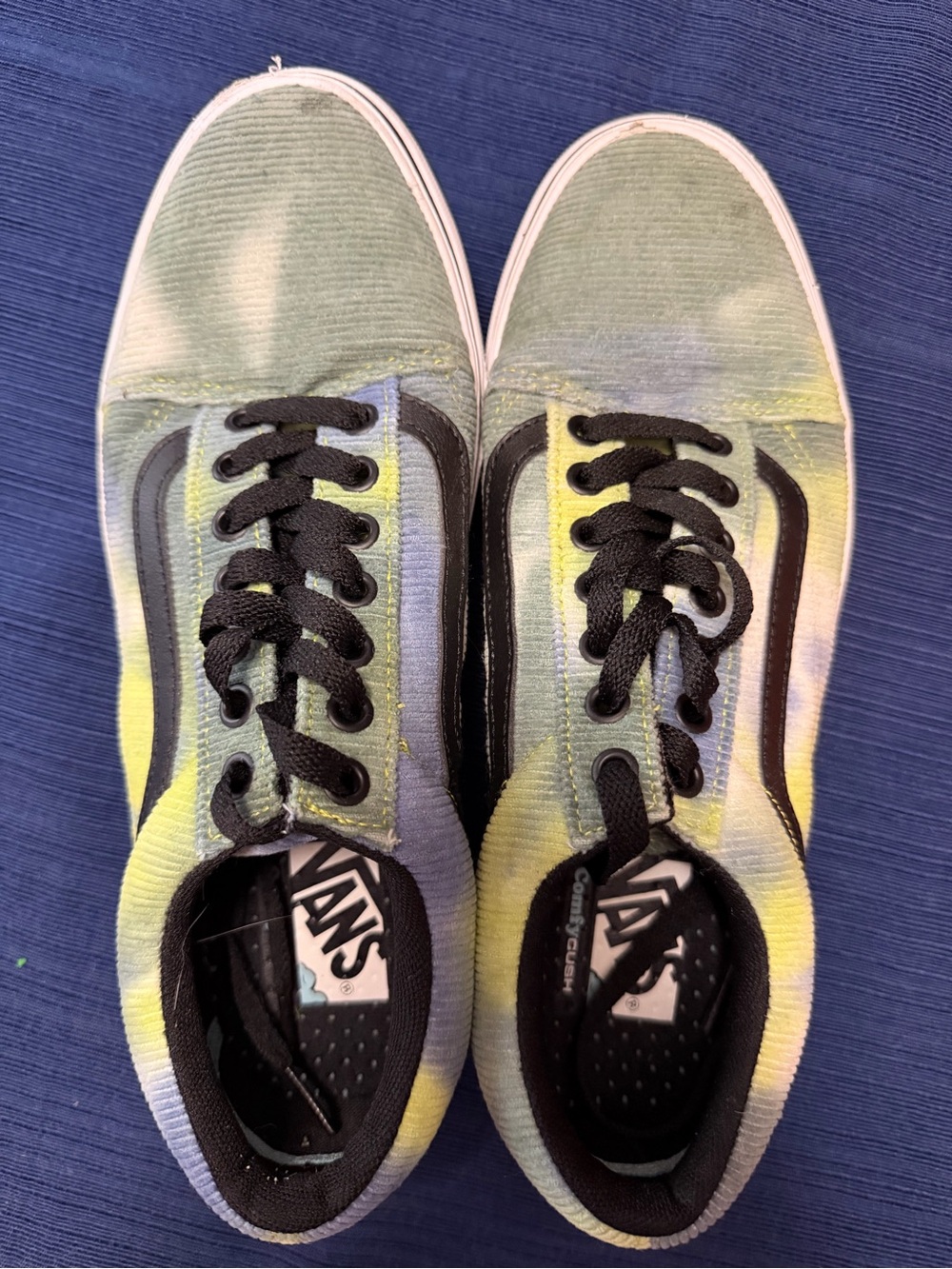 Vans Skate Shoes Green Yellow Blue w Black accents Tie-Dye Corduroy Old Skool